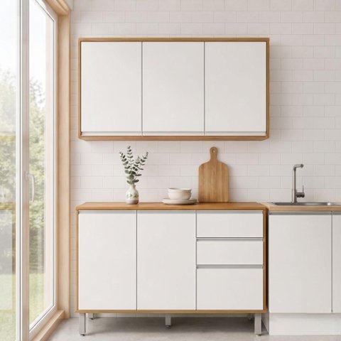 Cozinha Modular Compacta Armario Aereo Balcao Nina Amêndoa/Branco