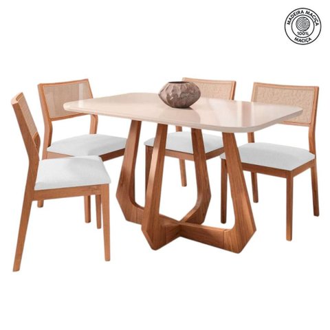 Mesa de Jantar com 4 Cadeiras Oiti Conjunto Bromelia 1,30 Madeira/off White/linho Cru