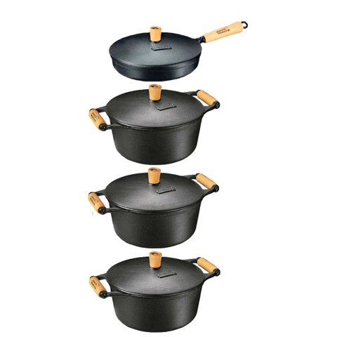Kit Caçarolas e Frigideira Alça Cabo Madeira 19,23 e 29cm