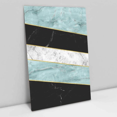 Quadro Decorativo em Canvas Geométrico Mármore Preto, Azul e Branco TaColado Moldura Branca 90 x 60c
