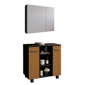 Conjunto Banheiro Espelheira Klein Gabinete Premium para Pia de Coluna - Jm3 Móveis:esp.preto-nature