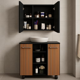 Conjunto Banheiro Espelheira Klein Gabinete Premium para Pia de Coluna - Jm3 Móveis:esp.preto-nature - 4