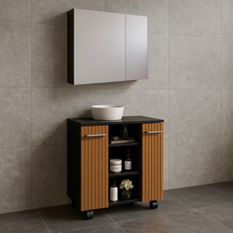 Conjunto Banheiro Espelheira Klein Gabinete Premium para Pia de Coluna - Jm3 Móveis:esp.preto-nature - 3