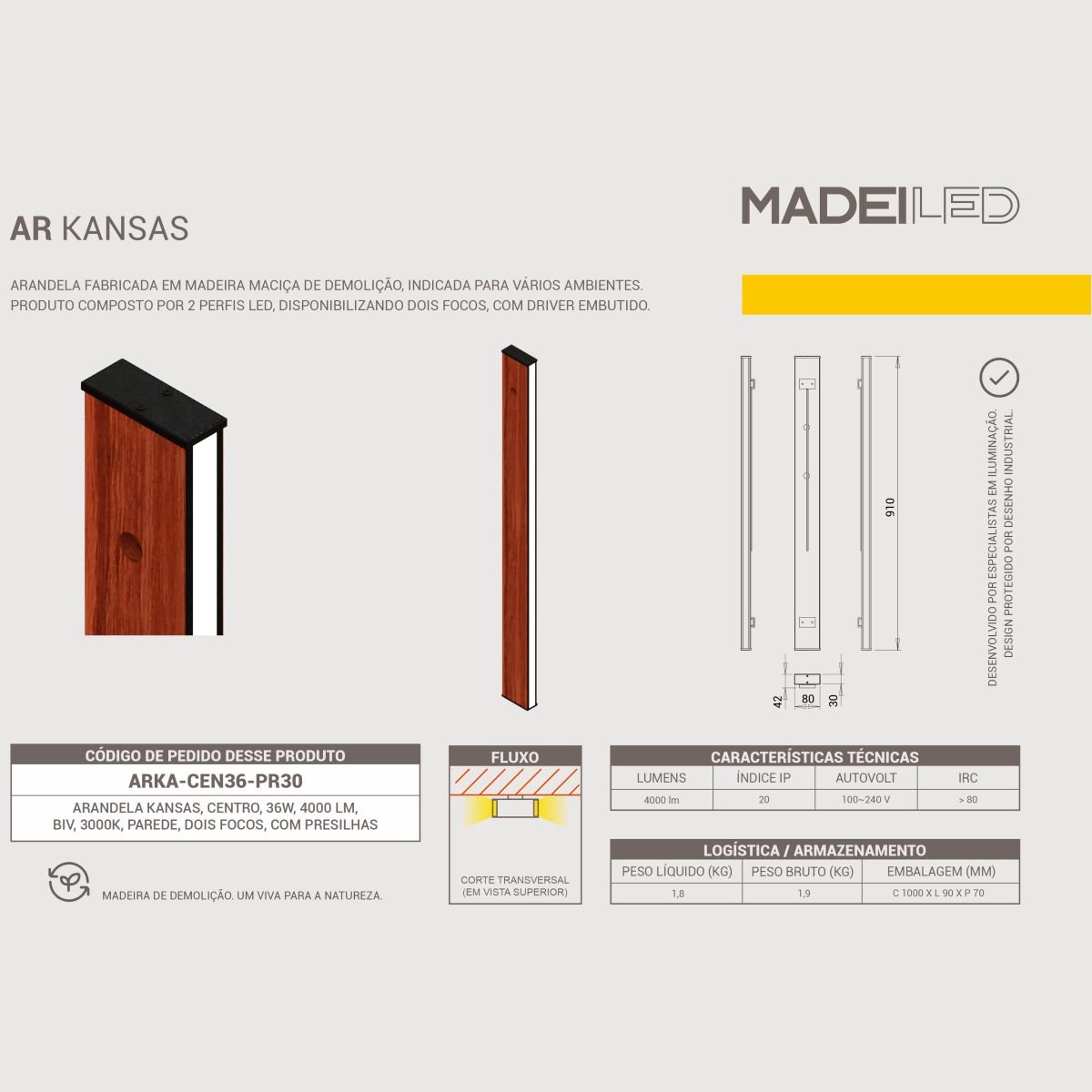 Arandela Kansas 36w Dois Focos Madeira Maciça Iluminação Decorativa - 7