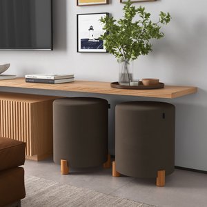 Kit 2 Puff Banqueta Veludo Premium Pés Madeira Maciça 45x34 Capuccino