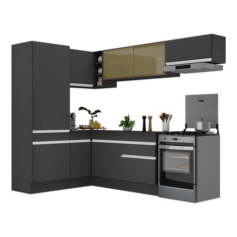 Armário de Cozinha Completa de Canto com Rodapé Veneza Multimóveis V2086 Preto/Branco