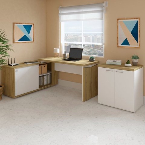 Conjunto 2 Peças Escrivaninha em L Smart e Balcão Multiuso Toq Olmo com Branco Marrom Artany 100% MDF