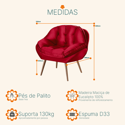 Poltrona Decorativa Almofadada com Pé Palito Veludo Dallas Vermelho - Sofá Casa - 3