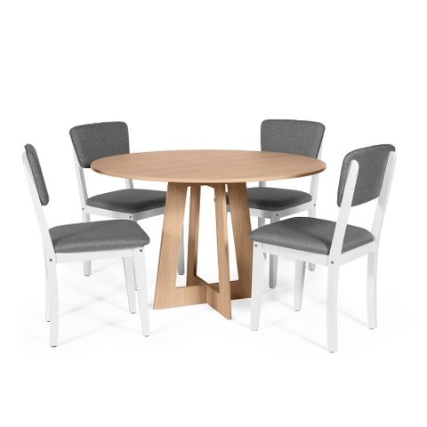 Mesa de Jantar Redonda Montreal Jade com 4 Cadeiras Estofadas Ella Branco/cinza Escuro