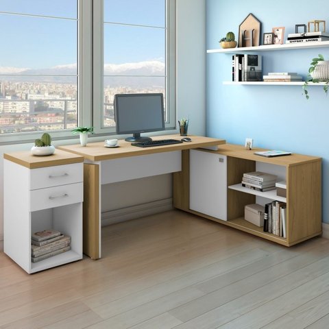 Escrivaninha Mesa Escritório em L Diretor em Tamburato com Gaveteiro 2 Gavetas 208,5cm Olmo E Branco