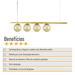 Lustre Pendente Figo Ouro - 4 Globos Esfera de Vidro Âmbar - 6