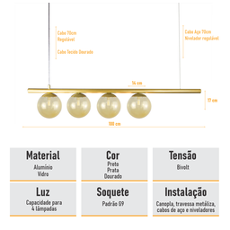 Lustre Pendente Figo Ouro - 4 Globos Esfera de Vidro Âmbar - 5