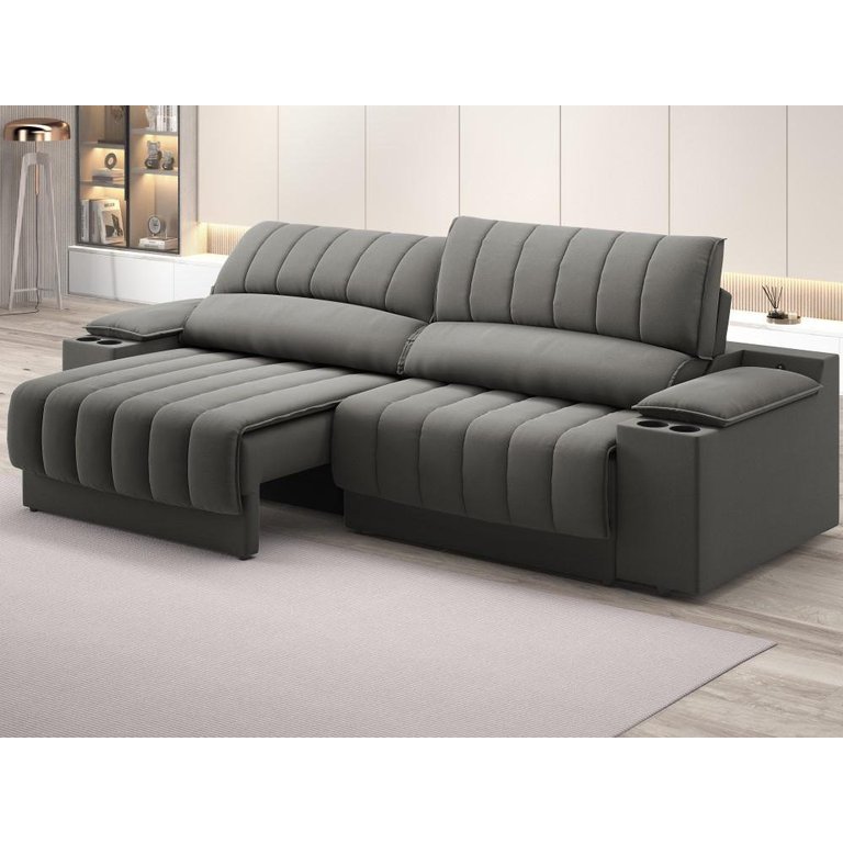 Sofá com Porta Copos Carregador USB Ret Rec Murano 2,50m Velosuede Cinza - NETSOFAS Sofá com Porta Copos Carregador USB Ret Rec Murano 2,50m Velosuede Cinza - NETSOFAS