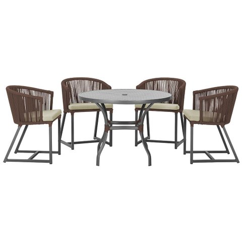 Mesa com 4 Cadeiras de Jantar Roma 100cm e Noronha em Aluminío Preto Corda Nautica Estofado 7 Trama