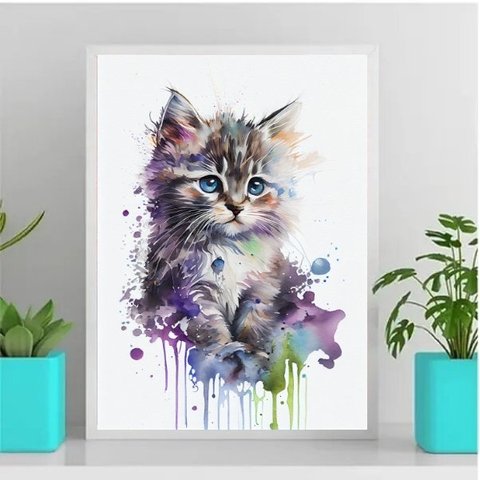 Quadro Decorativo Baby Cat Aquarela 24x18cm:Madeira preta