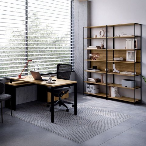 Mesa Escrivaninha em L com Balcão Lateral Gavetas Porta e 2 Estantes Escritório 3 Gavetas 180cm Indu
