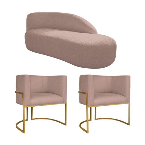 Kit Divã Luna 160cm Lado Direito e 02 Poltronas Base de Ferro Dourado Linho Rosê
