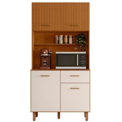 Kit Armário Cozinha New Izis 4 Portas Freijó Ripado Off White Poliman