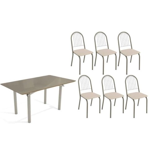 Conjunto: Mesa Sala Jantar Elba Tampo Madeirado C/ Vidro 160cm e 6 Cadeiras Noruega Niquel/freijo