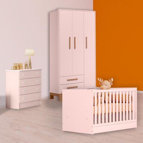 Conjunto Berço Mini Cama, Cômoda e Guarda Roupa Slim Rosa