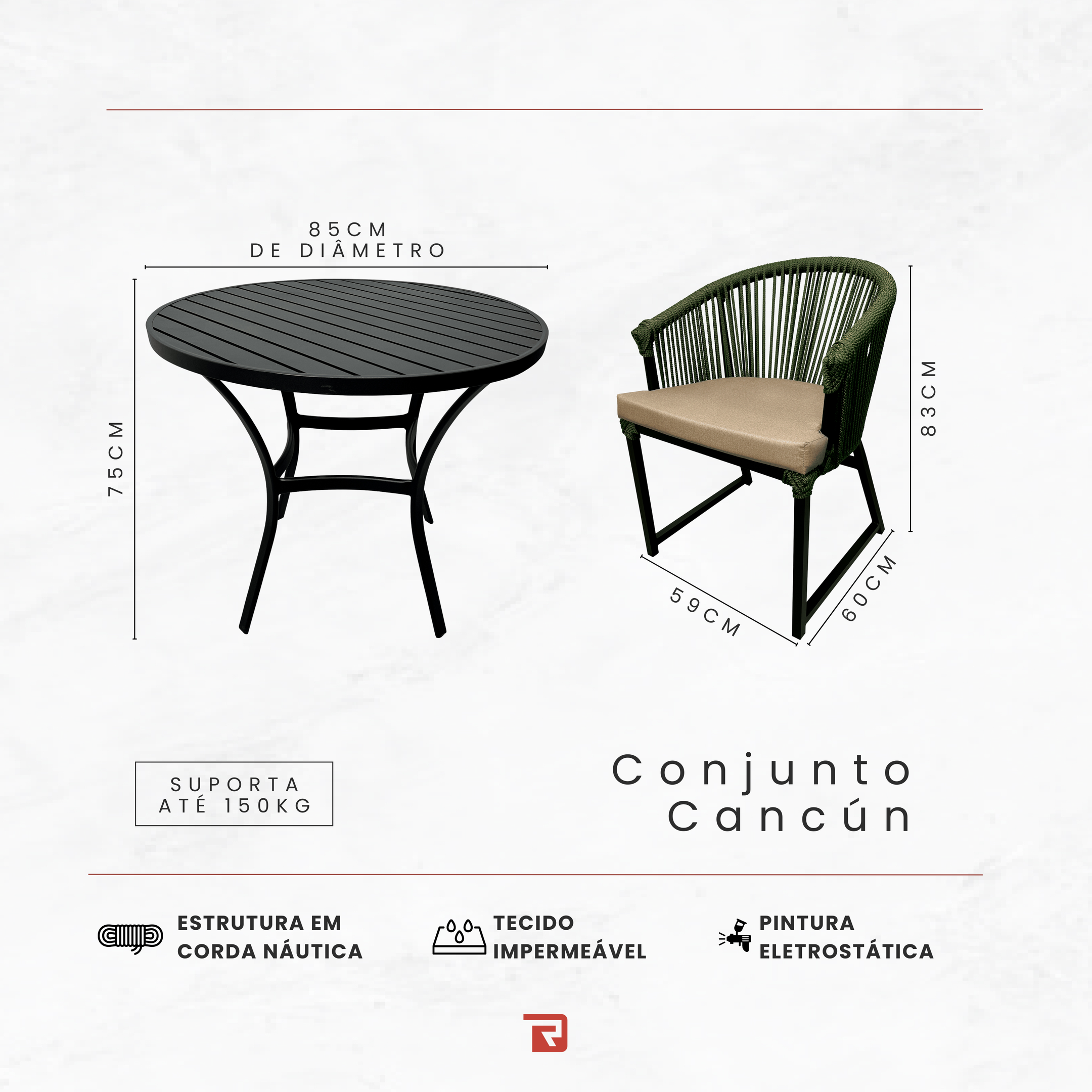 Conjunto Cancún - Alumínio Pintado Preto, Corda Náutica - Verde Militar - 7