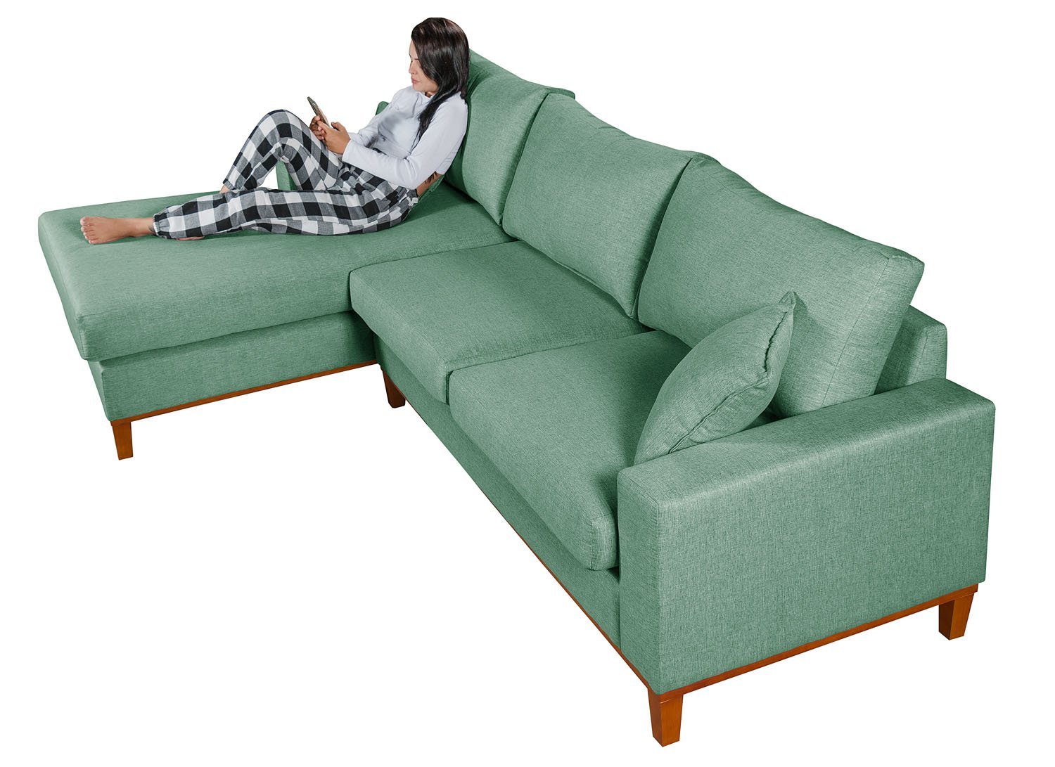 Sofa Living California 4 Lugares com Chaise Revestido Linho Base em Madeira:verde/direito - 3