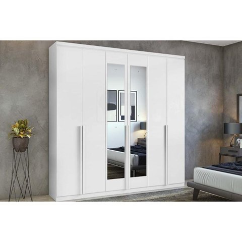 Guarda Roupa Casal 6 Portas (2 C- Espelho) e 4 Gavetas Alonzo New Branco