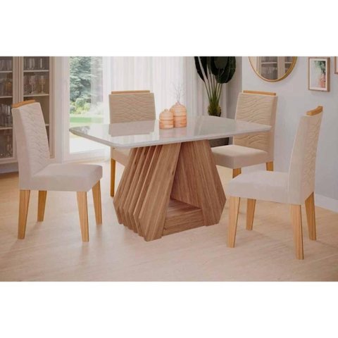 Conjunto: Mesa Sala Jantar Ágata Tampo Madeirado C/ Vidro 130x80cm e 4 Cadeiras Clarice Cinamomo/