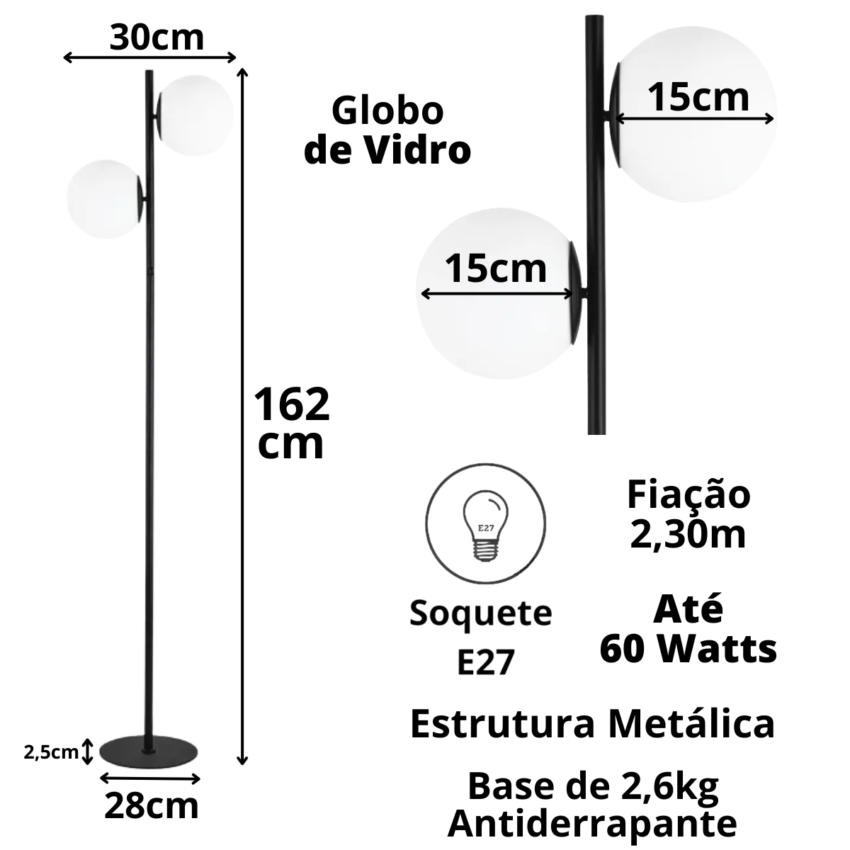 Luminária de Chão 162cm Jabuticaba 2 Globos Vidro Pedestal Coluna Piso Gimpo Kjtd-710-preto - 6