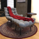 Ver imagem 2 de Poltrona Costela Linho Cinza Sala Quarto com Puff Luxo Madeira