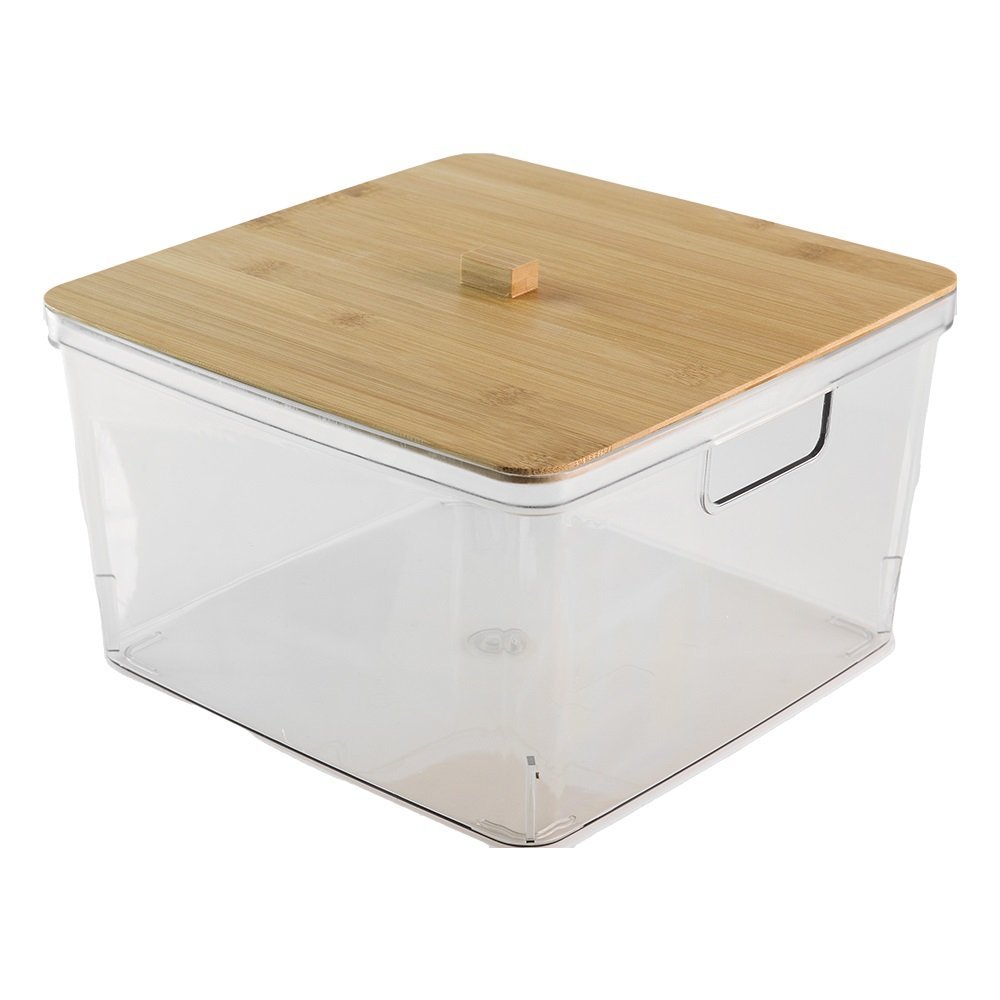 Caixa Organizadora Transparente com Tampa de Bambu 27x27x17cm- Jolitex