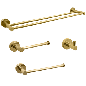 Jogo Acessorios Dourado Brilhoso Kit Banheiro Aço Inox 4 Peças Papeleira Cabide Porta Toalha Duplo