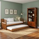 Ver imagem 1 de Kit Sofá Cama Enjoy em Madeira Maciça com Estante Livreiro Sofisticada 2 Portas Castanho