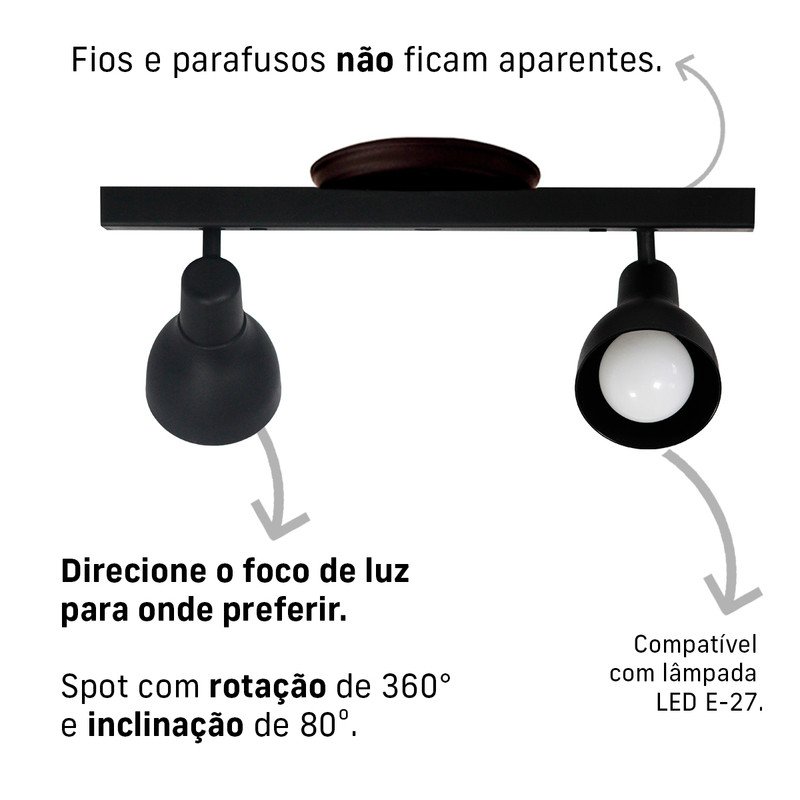 Kit 2 Trilhos Spot Duplo com Canopla 2 Lâmpadas Direcionáveis Casa Cozinha Teto Cor: Preto - 3