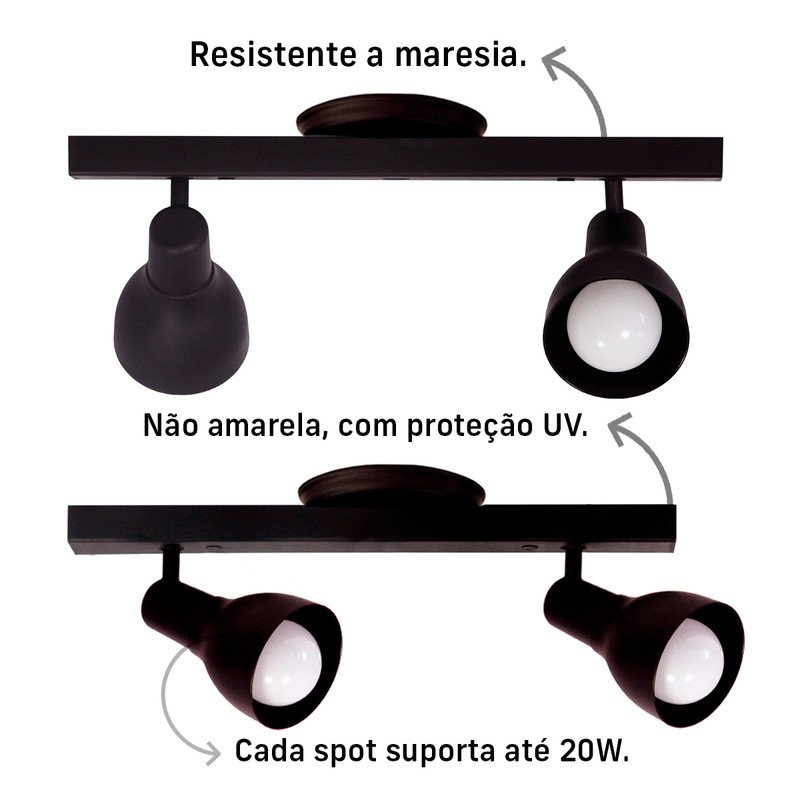 Kit 2 Trilhos Spot Duplo com Canopla 2 Lâmpadas Direcionáveis Casa Cozinha Teto Cor: Preto - 4