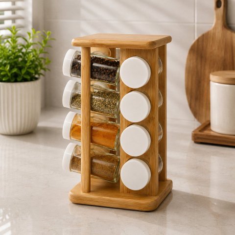 Porta Temperos Bambu Giratório com 16 Frascos de Vidro