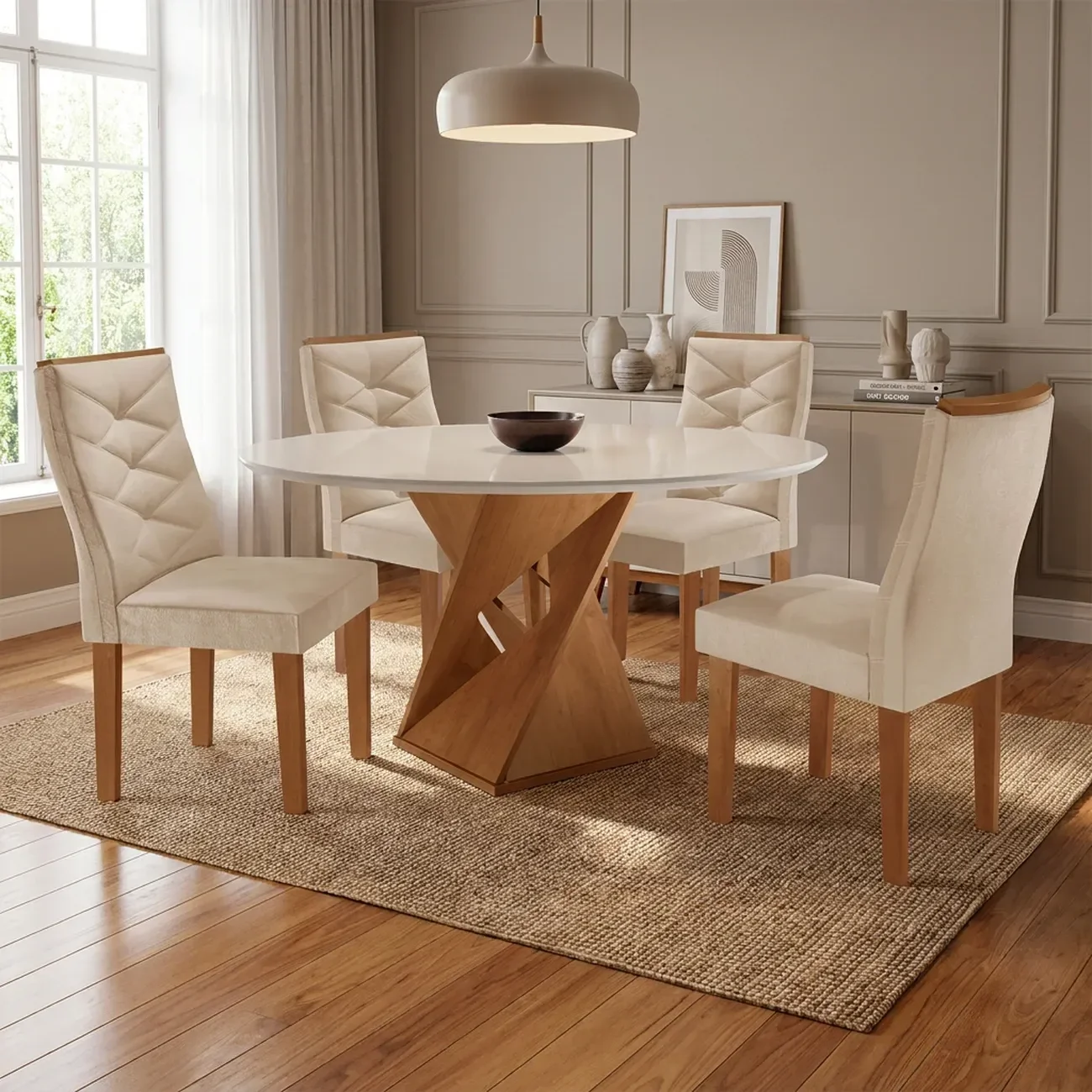 Mesa de Jantar Redonda com 4 Cadeiras MDF Barcelona Cinamomo Off White