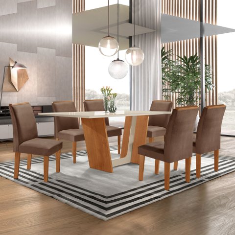 Conjunto Sala de Jantar Mesa Tampo Dakota Plus Vidro 160x80cm com 6 Cadeiras Luisa Yescasa 