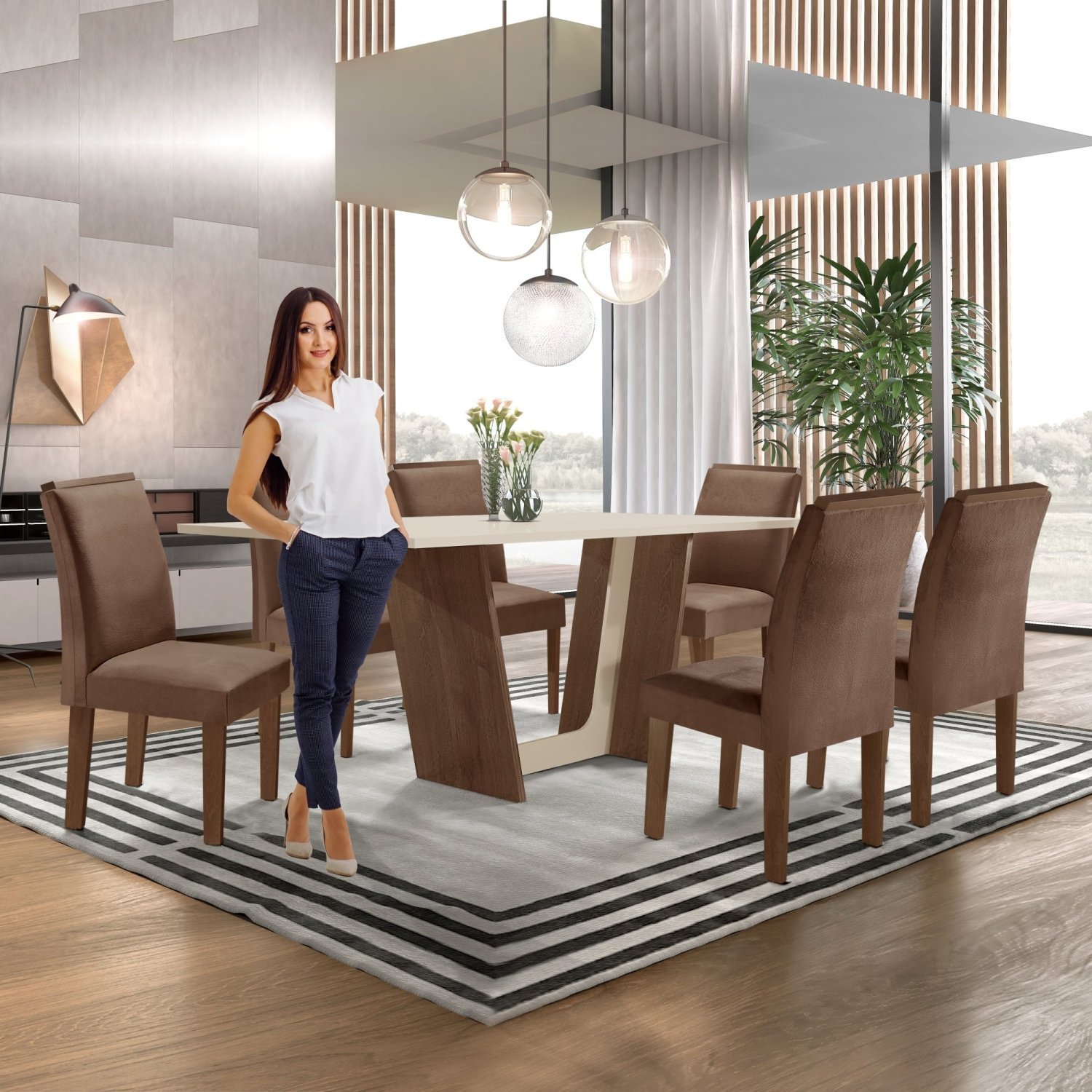 masamasa Conjunto Sala de Jantar Mesa Tampo Dakota Plus 160x80cm com 6