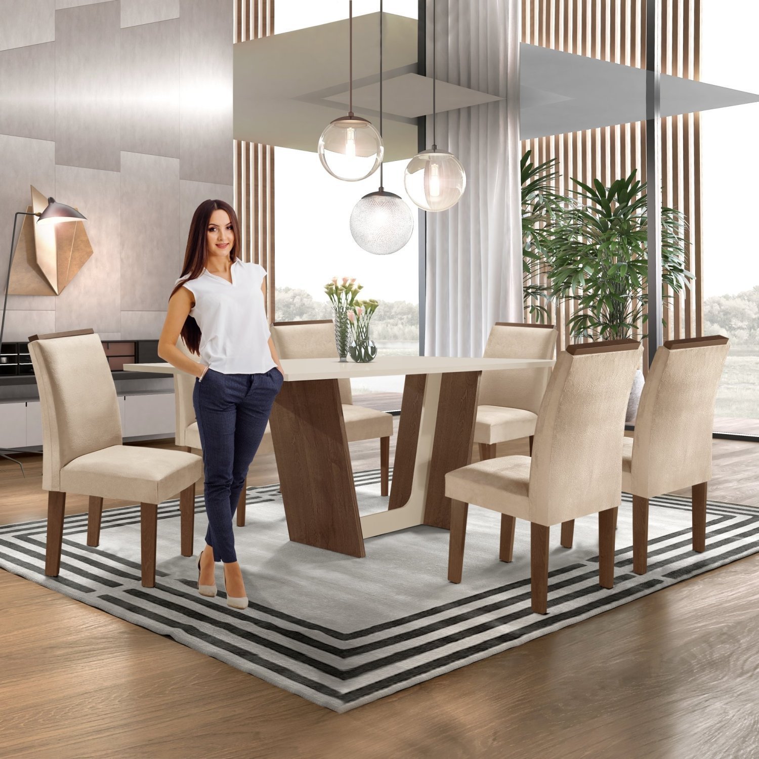 Conjunto Sala de Jantar Mesa Tampo Dakota Plus 160x80cm com 6