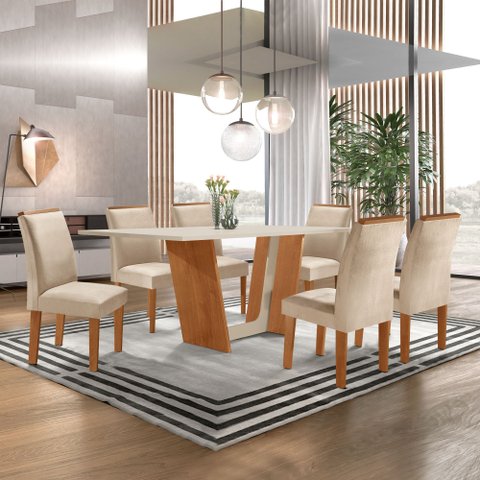 Conjunto Mesa de Jantar 6 Cadeiras MDF Plus 160x80cm Luisa Yescasa Off White Cinamomo