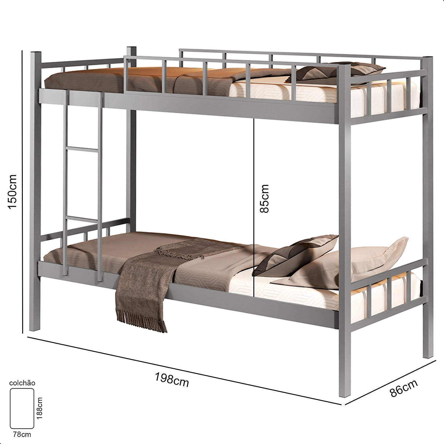 Beliche Mônaco Solteiro de Aço Galvanizado Cinza + Colchão D20 Probel 78cm - 3