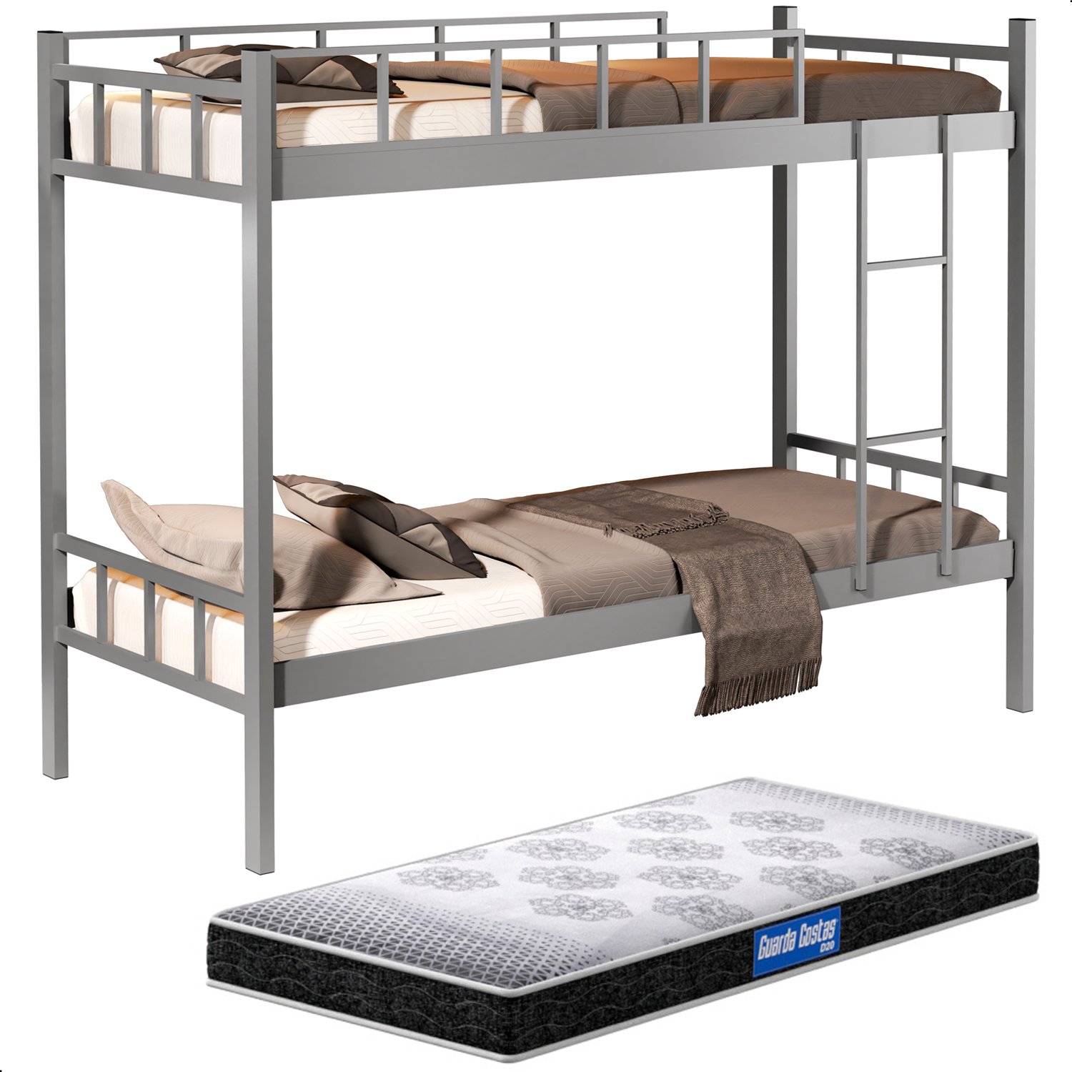 Beliche Mônaco Solteiro de Aço Galvanizado Cinza + Colchão D20 Probel 78cm - 1