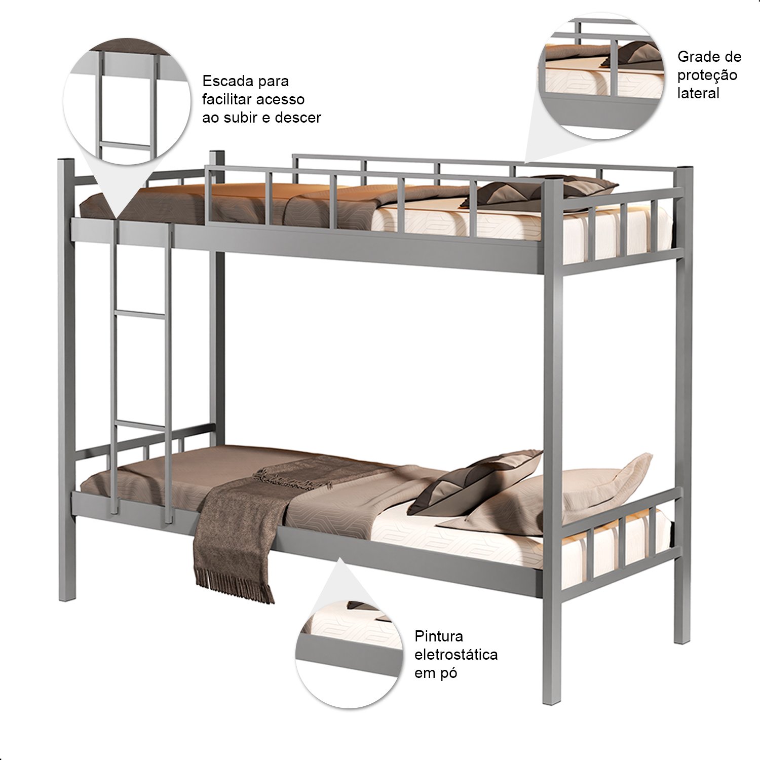 Beliche Mônaco Solteiro de Aço Galvanizado Cinza + Colchão D20 Probel 78cm - 4