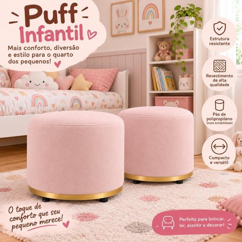 Puff Redondo Infantil - Banquinho Decorativo para Quarto Brinquedoteca - Espaço Kids Rosa Claro