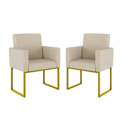 Kit 02 Cadeiras Poltrona Decorativa Sala Quarto Base Dourado Cor:bege - 1
