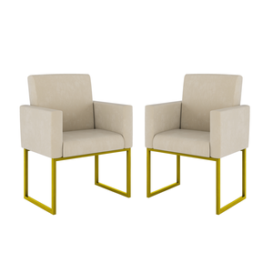 Kit 02 Cadeiras Poltrona Decorativa Sala Quarto Base Dourado Cor:bege