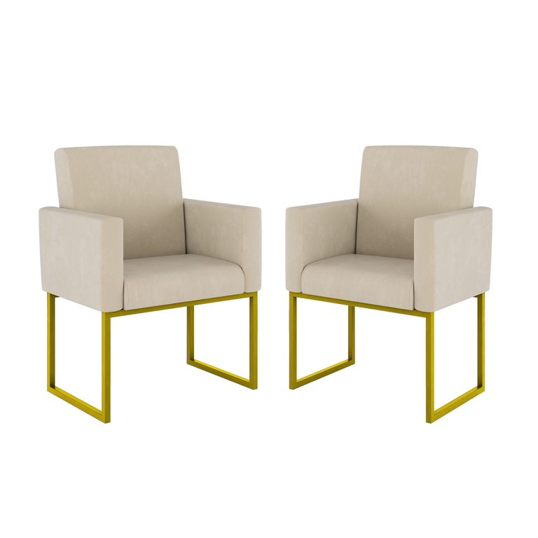 Kit 02 Cadeiras Poltrona Decorativa Sala Quarto Base Dourado Cor:bege Kit 02 Cadeiras Poltrona Decorativa Sala Quarto Base Dourado Cor:bege