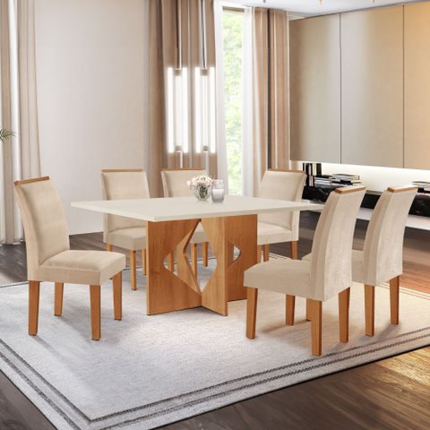 Conjunto Sala de Jantar Mesa Laura Tampo Dakota Plus 160x80cm com 6 Cadeiras Laura Yescasa