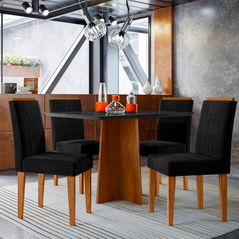 Conjunto Mesa de Jantar 1,20m Anitta Tampo em Mdf com Vidro e 4 Cadeiras Ana Ypê/preto/ja03 - New Ce